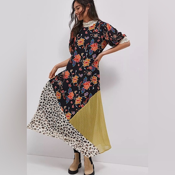Anthropologie Dresses & Skirts - Anthro Verb by Pallavi Floral Patchwork Crochet Chiffon Maxi Dress Multi Medium